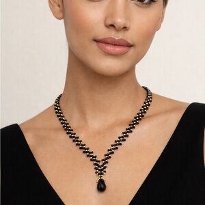 Hand Crafted Black and Gold Seed Bead  Necklace with Black Teardrop